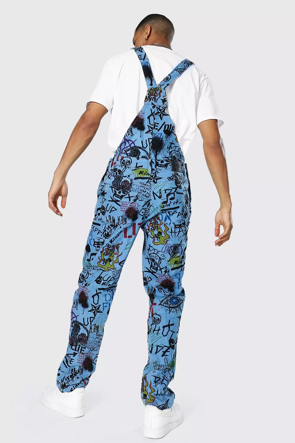 Relaxed Fit Graffiti Print Long Dungarees boohooMAN USA
